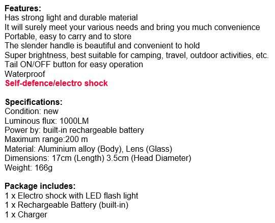 High Power Self Defense Electro Shock Stun Gun Flash Light with Built-in Rechargeable Battery