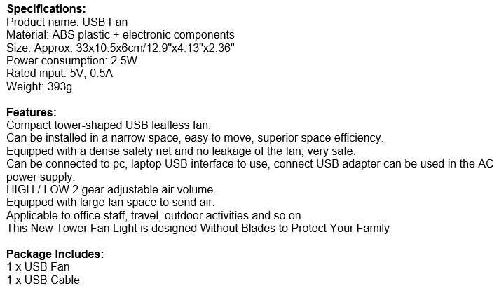 Compact Tower-Shaped USB Leafless Fan & Light