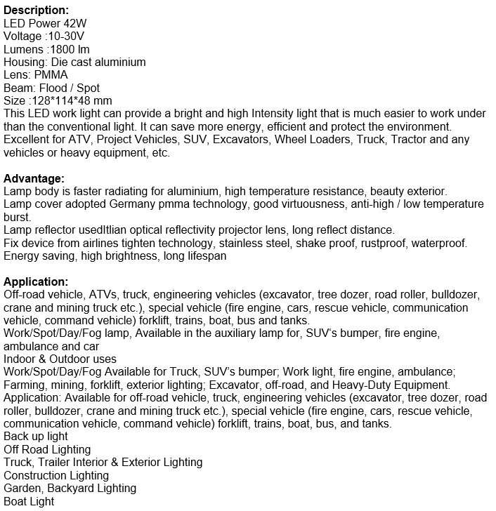 42 Watt Waterproof Pure White 6000K LED Work Flood Spot Light