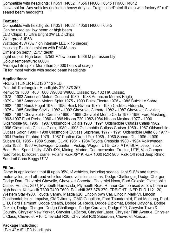 45 Watt 4" X 6" LED Headlight - Waterproof and Fit most vehicles with sealed beam headlights