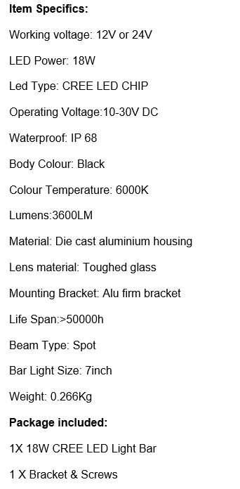 Powerful and Very Bright 18 Watt CREE LED Work Light Bar