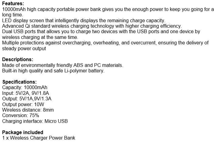 10000mAh Dual USB Power Bank & Wireless Fast Charger with LED Digital Display