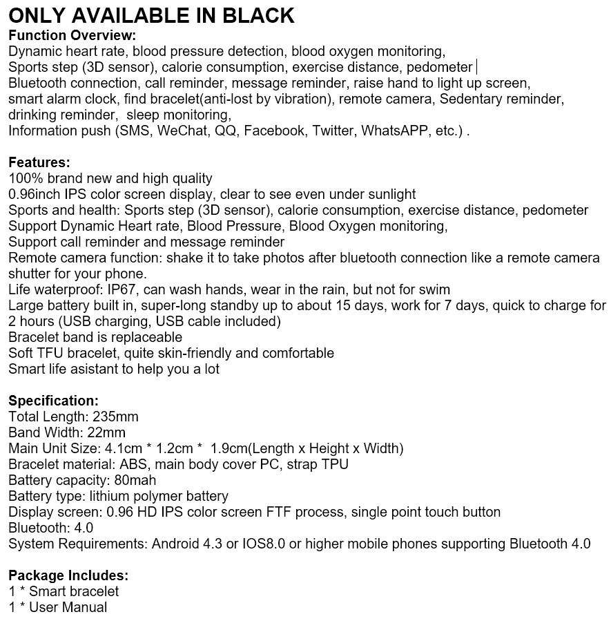 Bluetooth Health Smart Watch - Monitor Heart Rate, Blood Pressure, Blood Oxygen, Calorie, Distance