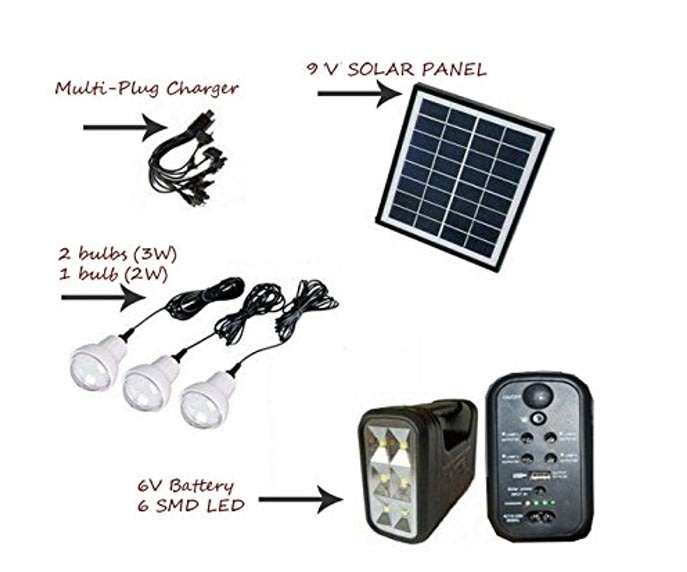 Home Solar System - Battery Control Unit, 3 LED Lamps, Solar Panel, Remote & 10 in 1 Charging Cable