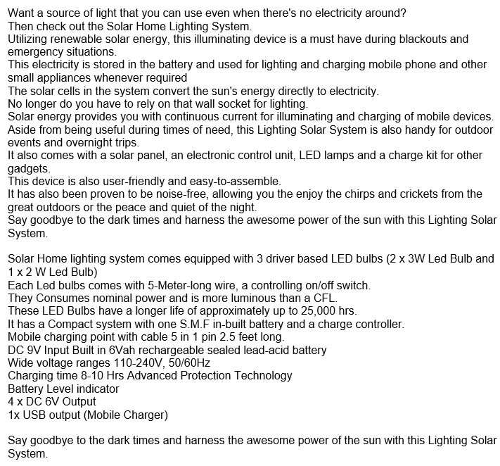 Home Solar System - Battery Control Unit, 3 LED Lamps, Solar Panel, Remote & 10 in 1 Charging Cable