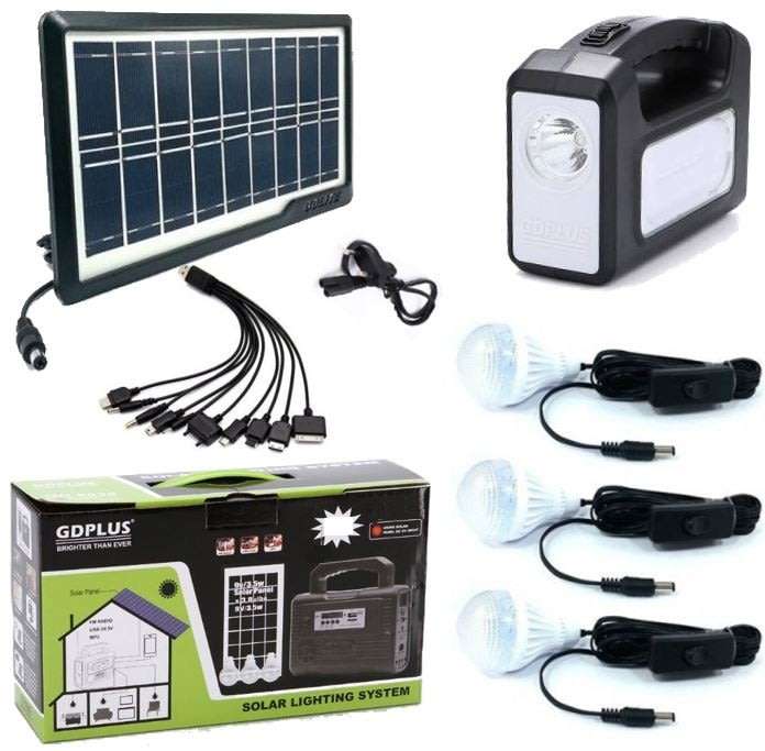 Home Solar System - Battery Control Unit, 3 LED Lamps, Solar Panel, Remote & 10 in 1 Charging Cable