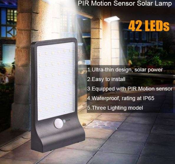 20 Watt 42 LED SOLAR Street Light, PIR, Motion Sensor, Waterproof with 3 Lighting Modes