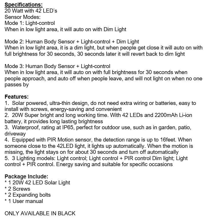 20 Watt 42 LED SOLAR Street Light, PIR, Motion Sensor, Waterproof with 3 Lighting Modes