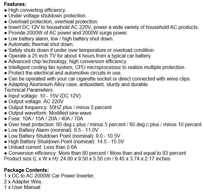 2000 WATT Power Inverter - Convert 12V DC to 220V AC (2000W Continious Power)