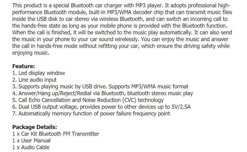 LED Bluetooth Car Kit, Charger FM Transmitter With MP 3, Handsfree Calls, Dual USB For Phone, Tablet