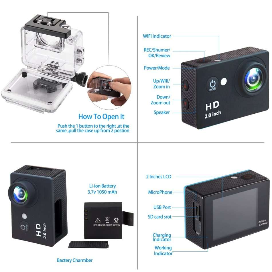 2" Full HD Action Sport Camera - Waterproof, LCD Screen, Photo, Video & Accessories