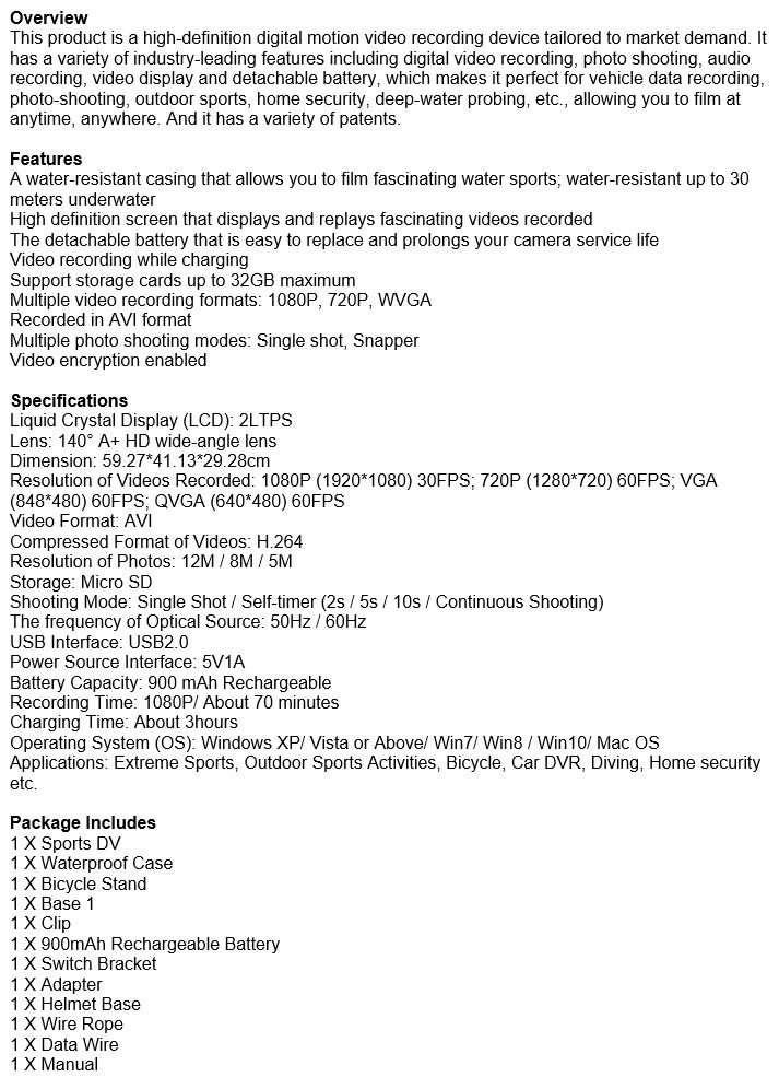 2" Full HD Action Sport Camera - Waterproof, LCD Screen, Photo, Video & Accessories