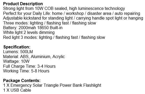 10W Multi-Functional Triangle SOLAR Powered COB LED Work & Emergency Warning Light & Power Bank