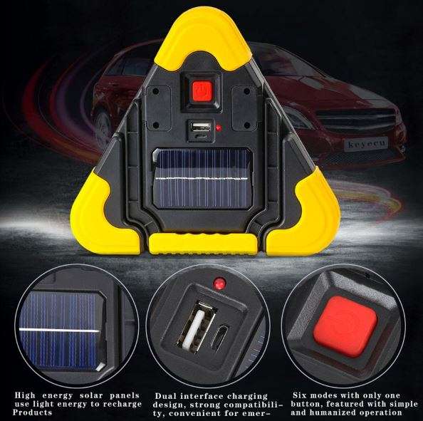 10W Multi-Functional Triangle SOLAR Powered COB LED Work & Emergency Warning Light & Power Bank