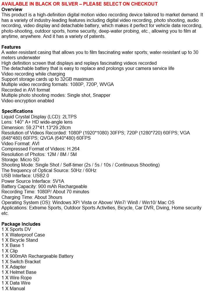 2" Full HD Action Sport Camera - Waterproof, LCD Screen, Photo, Video & Accessories