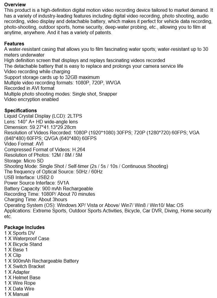 2" Full HD Action Sport Camera - Waterproof, LCD Screen, Photo, Video & Accessories