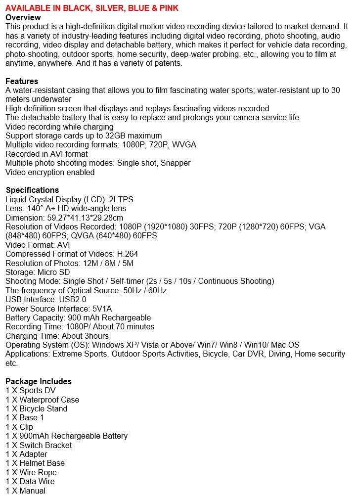 2" Full HD Action Sport Camera - Waterproof, LCD Screen, Photo, Video & Accessories