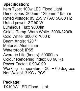 High Power Waterproof 100W LED Flood Light Double Lens with a High-Quality Die Cast Aluminium Casing