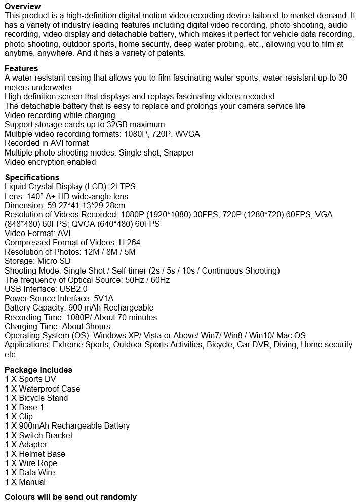 2" Full HD Action Sport Camera - Waterproof, LCD Screen, Photo, Video & Accessories