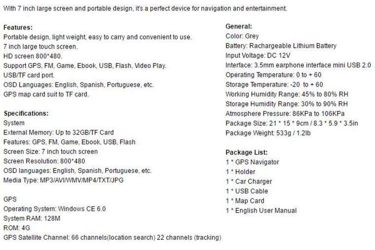 7" HD Touch Screen GPS Navigation - Games, Watch Movies, FM, MP3, Ebook - IGO SA Maps