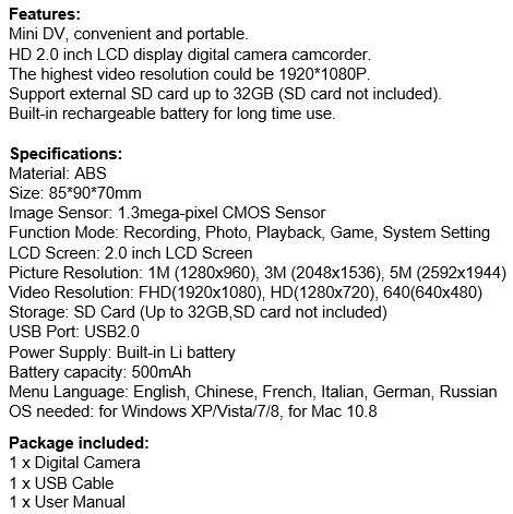 2" Kids Digital Camera  Take photos, Record Videos, Play Pre-loaded Games and much more