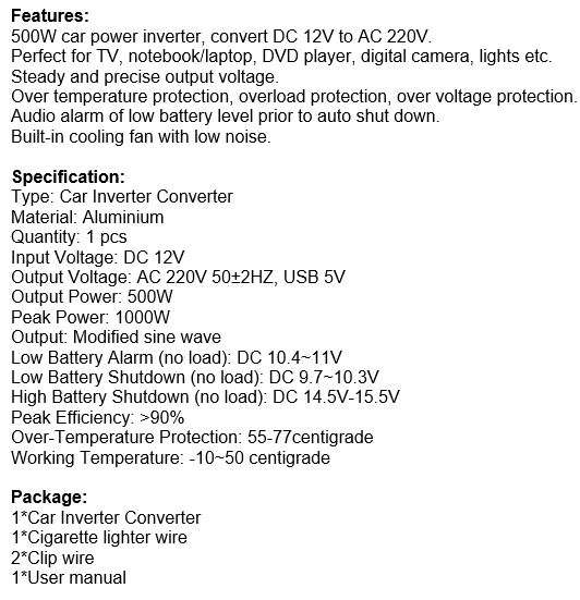 500 WATT Power Inverter - Convert 12V DC to 220V AC (500W Continious Power & 1000W Peak Power)