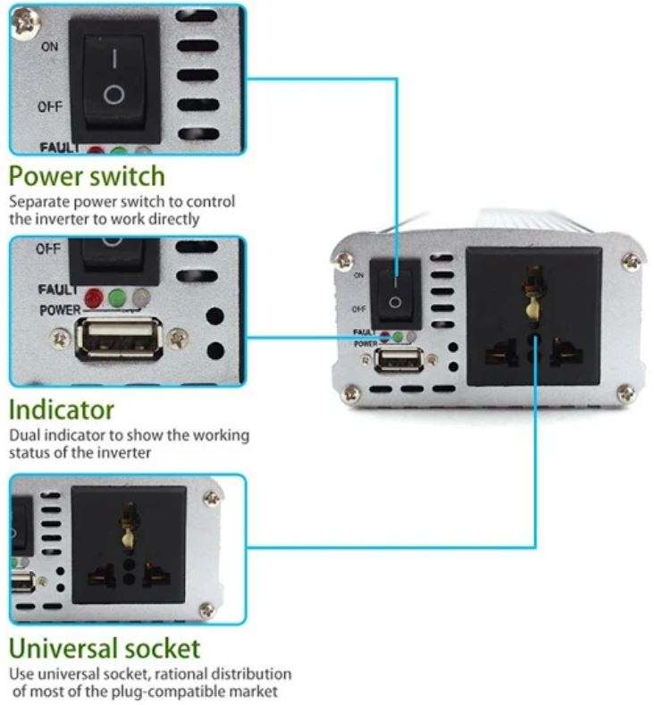 500 WATT Power Inverter - Convert 12V DC to 220V AC (500W Continious Power & 1000W Peak Power)