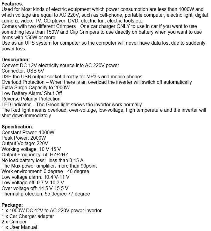 Solar Power Inverter - Convert 12V DC to 220V AC (1000W Continious Power & 2000W Peak Power)