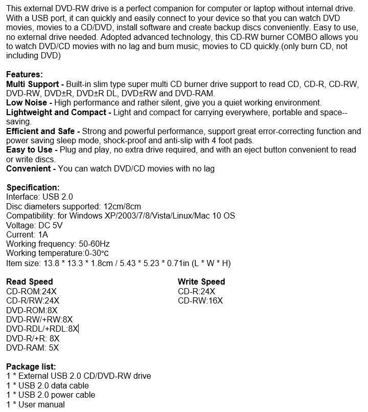 USB 2.0 Portable Slim External DVD/CD-RW Optical Disc Drive Reader Writer Player