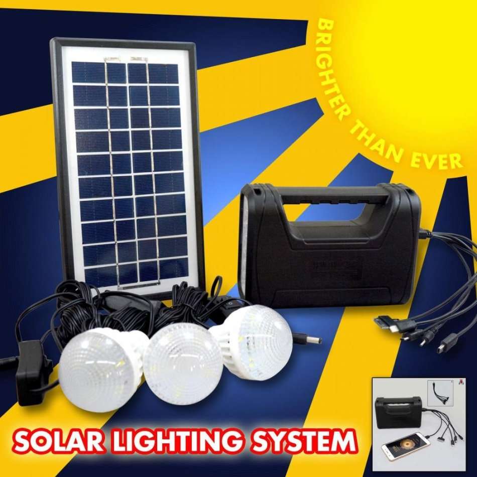 Home Solar System - Battery Control Unit, 3 LED Lamps, Solar Panel, Remote & 10 in 1 Charging Cable