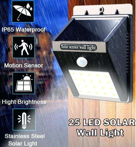 25 LED Solar Power Wall Light, PIR Motion Sensor, Waterproof, Night Sensor & Eco-friendly