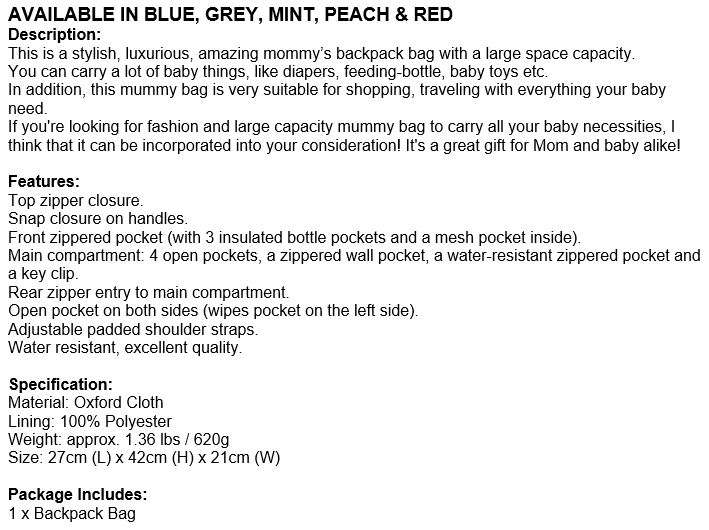 Large Capacity Baby Backpack Bag with insulated bottle pockets