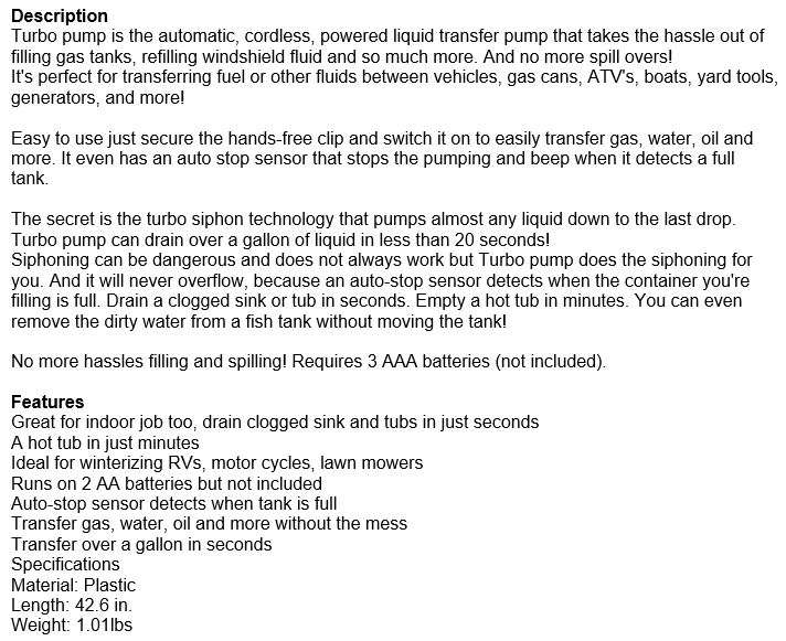 Turbo Pump transfer almost any liquid in seconds with an automatic stop sensor
