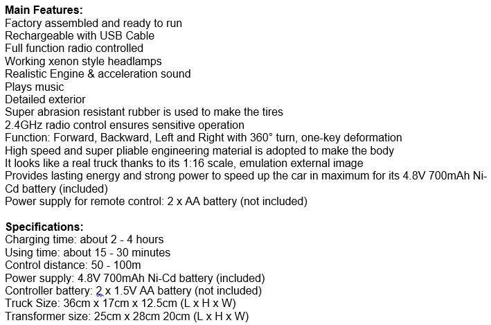 LARGE 2.4Ghz R/C Optimus Prime Transformer Robot Truck, Xenon lights, 360° turn, one-key deformation