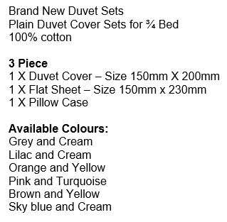 Brand New 100% Cotton 3 Piece Duvet Sets for ¾ Bed in Different Plain Colours