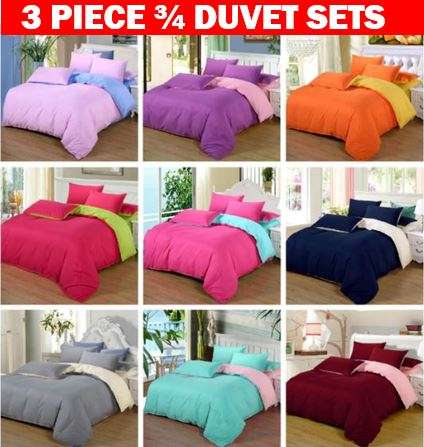 Brand New 100% Cotton 3 Piece Duvet Sets for ¾ Bed in Different Plain Colours