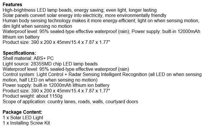 20 Watt LED SOLAR Street Light, PIR, Motion Sensor, Waterproof with 3 Lighting Modes