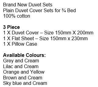 Brand New 100% Cotton 3 Piece Duvet Sets for ¾ Bed in Different Plain Colours