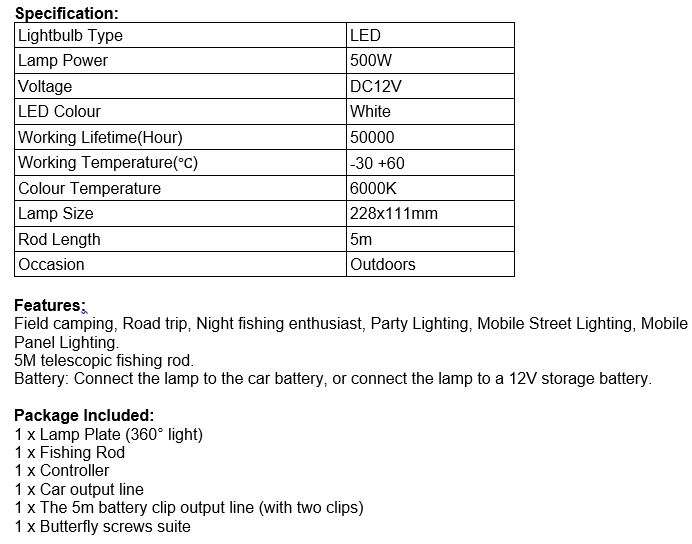 500Watt, 5m, 12V Telescopic Fishing Rod LED Light with Remote & Accessories