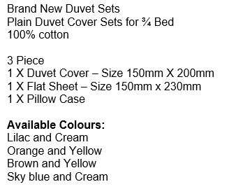 Brand New 100% Cotton 3 Piece Duvet Sets for ¾ Bed in Different Plain Colours