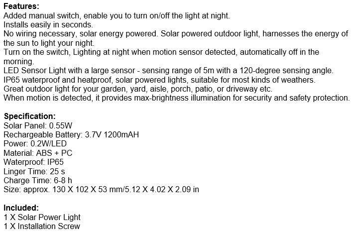 48 LED Solar Power Wall Light, PIR Motion Sensor, Waterproof, Night Sensor & Eco-friendly