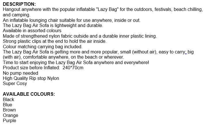 Waterproof Lazy Lounger Air Sofa - Compact, Light weight in Bag - Use Almost Anywhere NO PUMP NEEDED