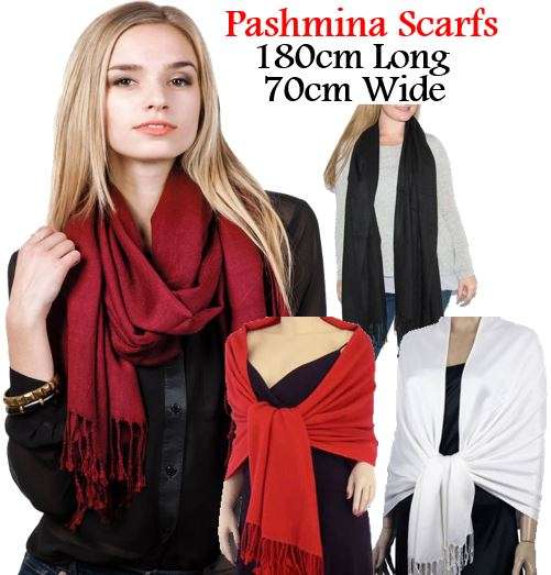 180cm Long & 70cm Wide Quality Soft Pashmina Scarfs in Plain Colours