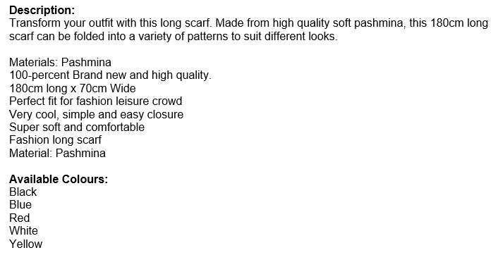 180cm Long & 70cm Wide Quality Soft Pashmina Scarfs in Plain Colours