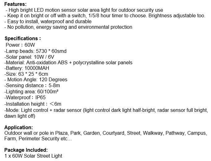 60 Watt LED SOLAR Street Light, PIR, Motion Sensor, Waterproof with 3 Lighting Modes
