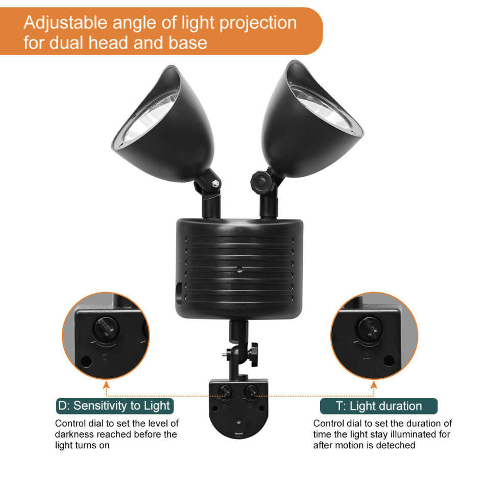 Twin Head Solar Security Flood Light with Solar Panel & 5m Cable