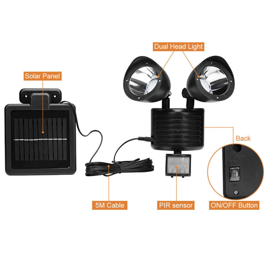 Twin Head Solar Security Flood Light with Solar Panel & 5m Cable