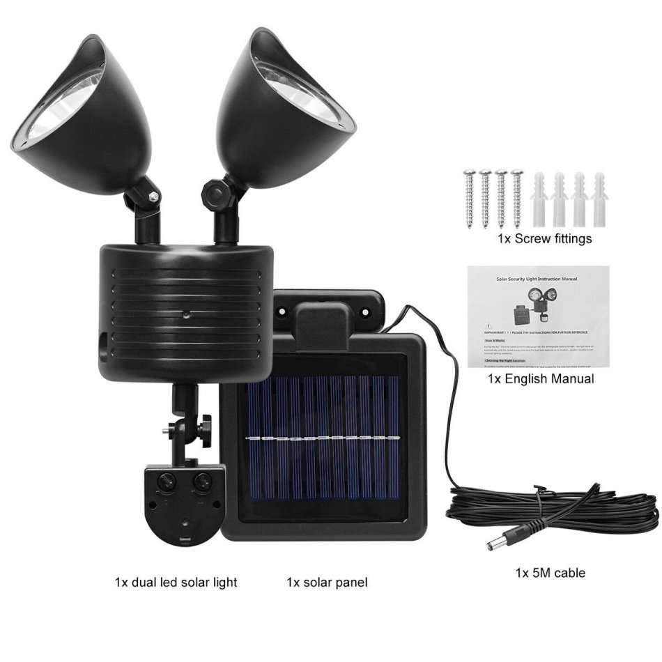 Twin Head Solar Security Flood Light with Solar Panel & 5m Cable