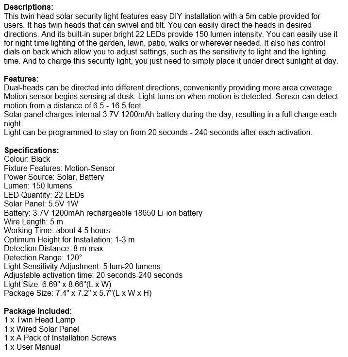Twin Head Solar Security Flood Light with Solar Panel & 5m Cable