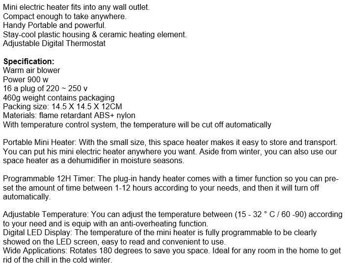 Mini Electric Wonder Heater Pro  900W, Adjustable Temperature, Digital LED Display, Rotates 180°